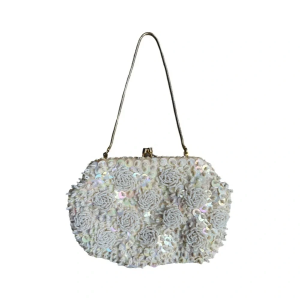 Vintage Elegant Cream Beaded and Sequined Evening Bag made in Hong Kong - Picture 2 of 8